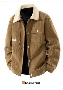 Detailed close-up of khaki corduroy jacket with sherpa collar and metal buttons