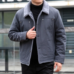 Men's winter grey-blue fleece jacket with thick grey lamb wool collar and casual design