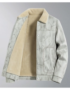 Detailed view of gray faux suede jacket with warm fleece lining and silver metal buttons