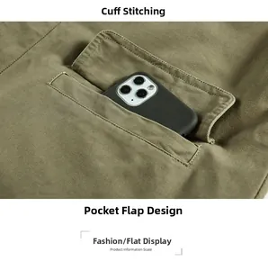 Detailed close-up of military green canvas jacket pocket showing precise stitching and fabric