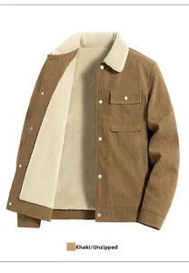 Detailed close-up of khaki corduroy jacket with thick faux shearling lining and metal buttons