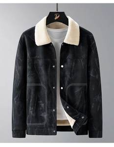 Detail of black faux suede jacket with white shearling collar and metal snap buttons