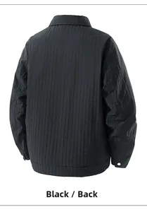 Detailed back view of a black men's jacket featuring vertical striped quilted texture