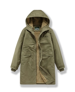Close-up of olive green parka featuring warm sherpa lining and A.R.M.Y. embroidery