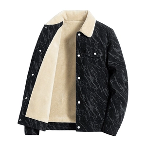 Klassische Herren Cordjacke in Schwarz mit dickem Kunstpelzfutter und Marmormuster