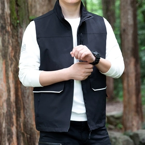 Men's black casual outdoor work vest with standing collar and multi-pocket design