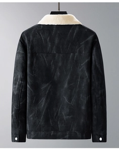 Detailed back view of men's faux suede jacket featuring a warm white sherpa fleece collar