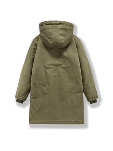 Back view of army green hooded parka with windproof ribbed cuffs for winter warmth