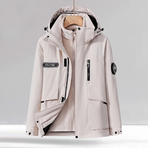Three-in-one outdoor hooded jacket in cream white with warm detachable down inner lining