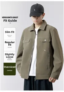 Detail view of khaki workwear jacket showing flap pockets and contrast stitching finish