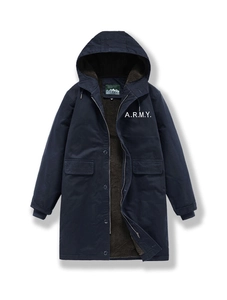 Detail of navy winter N1 parka with warm lamb wool lining and white ARMY chest print
