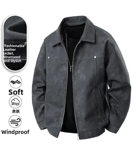 Detailed view of grey PU leather bomber jacket with lapel collar and zip pockets