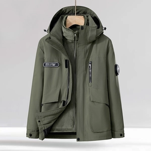 Olive green waterproof 3-in-1 outdoor jacket with detachable hood and windproof collar