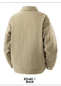 Rear view of khaki waffle texture business casual jacket with adjustable button cuffs