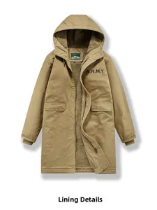 Detailed close-up of warm beige lamb wool lining and fabric texture on a khaki coat