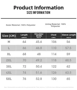 Detailed size chart for men's twill texture jacket with polyester fabric dimensions