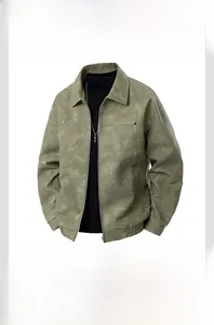 Detail of vintage olive green faux suede pilot jacket with turn-down collar and zipper