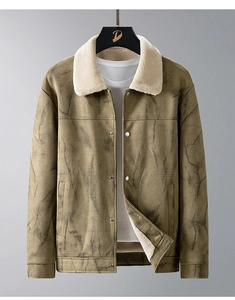 Close-up of faux suede jacket showing marble texture and thick sherpa fleece collar