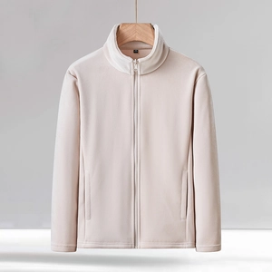 Outdoor light beige fleece jacket with standing collar and full-length zipper closure