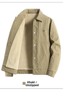 Detail of khaki plaid jacket with warm fleece lining and silver snap buttons
