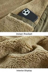 Detail view of winter coat featuring a functional inner pocket and warm lamb wool lining