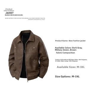 Detailed view of brown PU leather jacket featuring vintage collar and ribbed hem texture