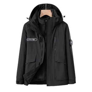 Black 3-in-1 waterproof jacket with detachable hood and warm fleece lining for outdoor wear