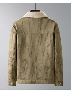 Detail view of the suede jacket back with vintage tie-dye texture and shearling collar