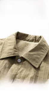 Detail of khaki plaid jacket featuring thick lamb wool lining and premium turn-down collar