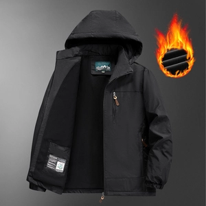 Men's heavy fleece outdoor jacket with windproof waterproof hood and warm black lining
