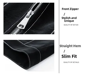 Detail of black leather jacket with silver zipper and white contrast stitching crafts