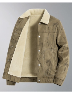 Detail of tan faux suede jacket with cream faux shearling lining and metal buttons