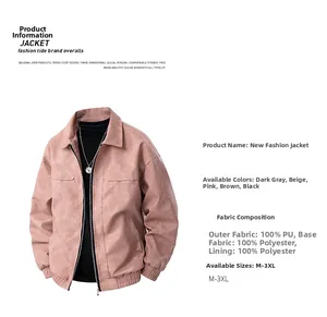 Detail showing 100% PU leather jacket material specifications and sizing chart details