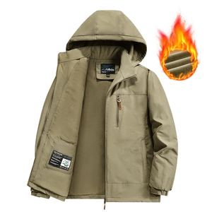 Men's winter hooded fleece jacket windproof and waterproof outdoor coat in khaki