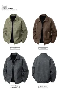 Detailed views of vintage PU leather flight jackets in olive, brown, and dark grey colors