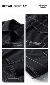 Detailed views of casual black jacket showing white contrast stitching and lapel design