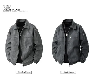 Detail view of ribbed cuffs and zip-up closure on retro dark gray and black biker jackets