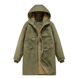 Men Mid Length Hooded Parka Vintage Military N1 Deck Jacket Warm Sherpa Lining Padded Winter Outerwear Army Print Cotton Jacket