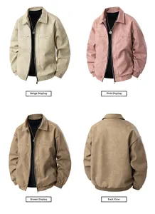 Detail view of slim fit retro motorcycle jackets in beige, pink, and brown color options