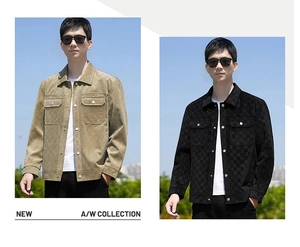 Detail of khaki suede jacket featuring checkered texture and metal buttons