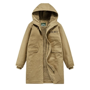 Winter khaki N1 navy deck coat with warm fleece lining and hooded army print detail