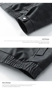 Detail of vintage PU leather jacket featuring metallic snap cuffs and elastic hemline