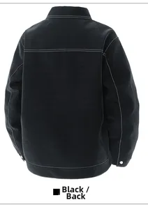 Detail view of black PU leather jacket back with contrast white stitching and lapel collar