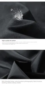 Detail view of premium PU leather jacket material with water droplets and inner lining