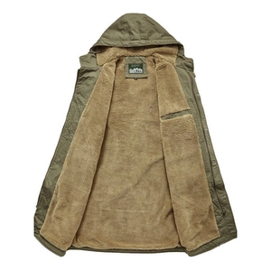 Men's olive green vintage N1 deck parka with thick beige lamb wool lining and hood