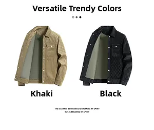 Detail view of khaki and black men's suede jackets with checkered texture and snap buttons