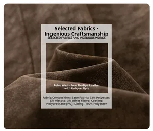 Gros plan sur la texture du cuir PU marron et l'étiquette de composition du blouson