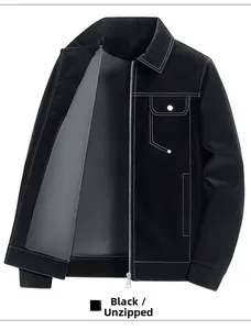 Men's black casual faux leather jacket with contrast white stitching and flap chest pocket