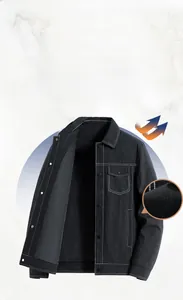 Detailed close-up of dark grey men jacket with decorative white contrast stitching
