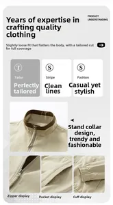 Detailed views of khaki jacket featuring stand collar, metal zipper, and elastic cuffs